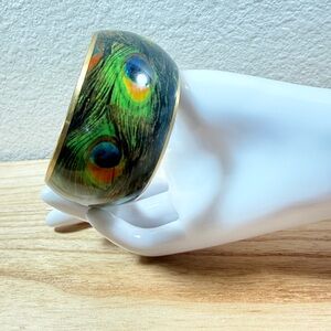 Vibrant Peacock Print Brass Bangle Bracelet